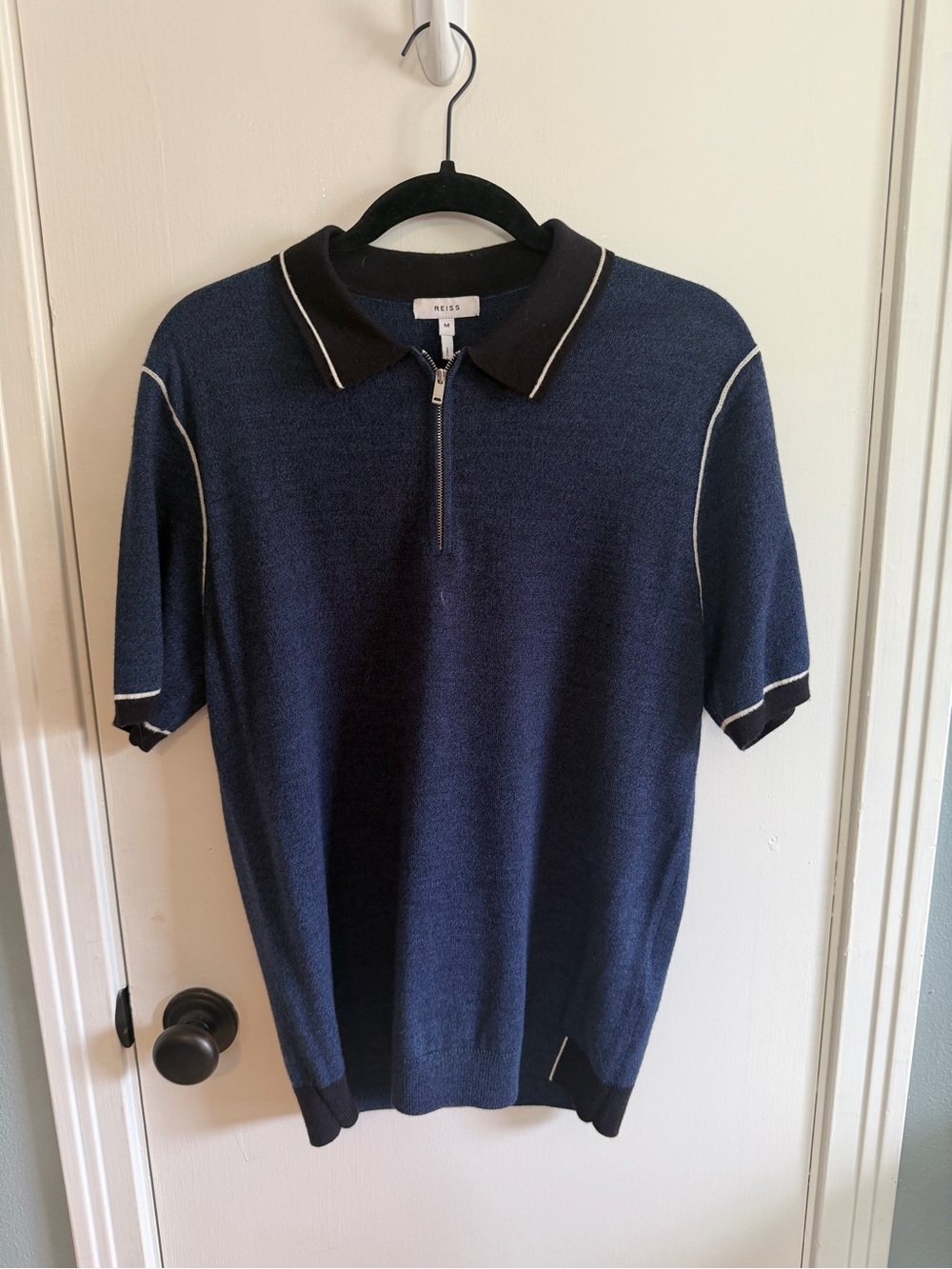 Reiss Men's Navy Short-Sleeve Zip Polo with Contrast Trim